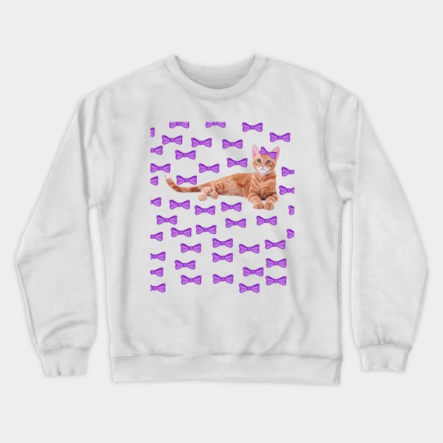 Ginger Cat with Purple Bow Pattern Crewneck Sweatshirt by Art by Deborah Camp